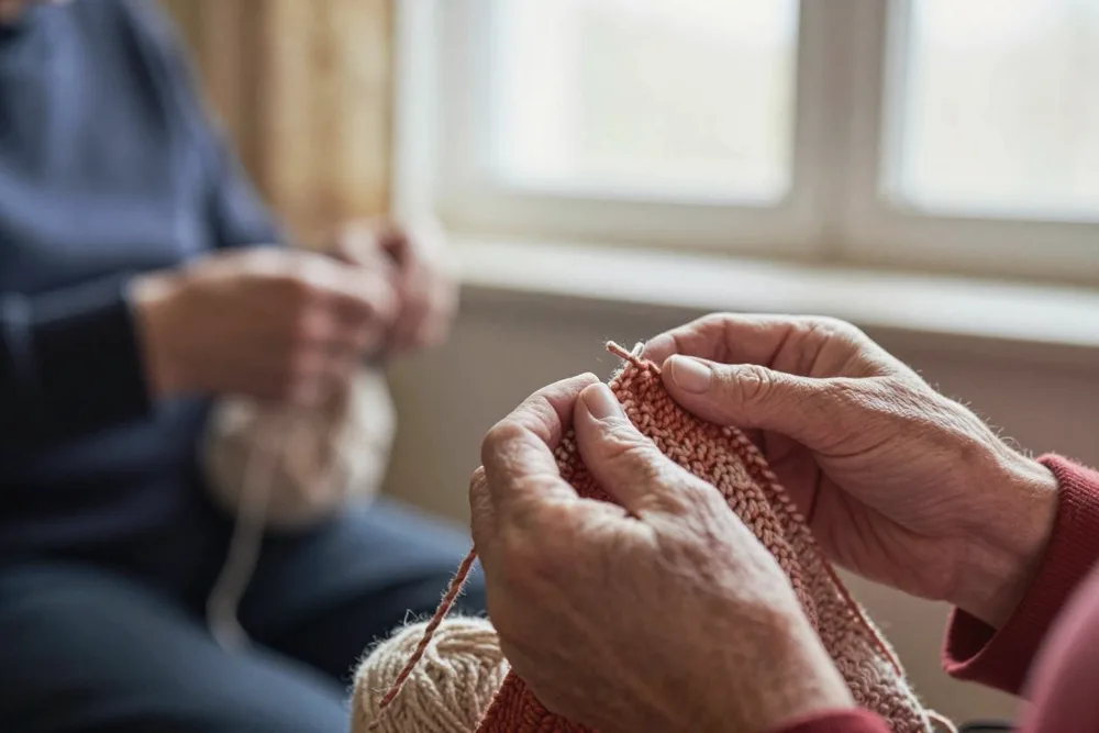 Hände stricken mit warmer Wolle in gemütlicher Runde