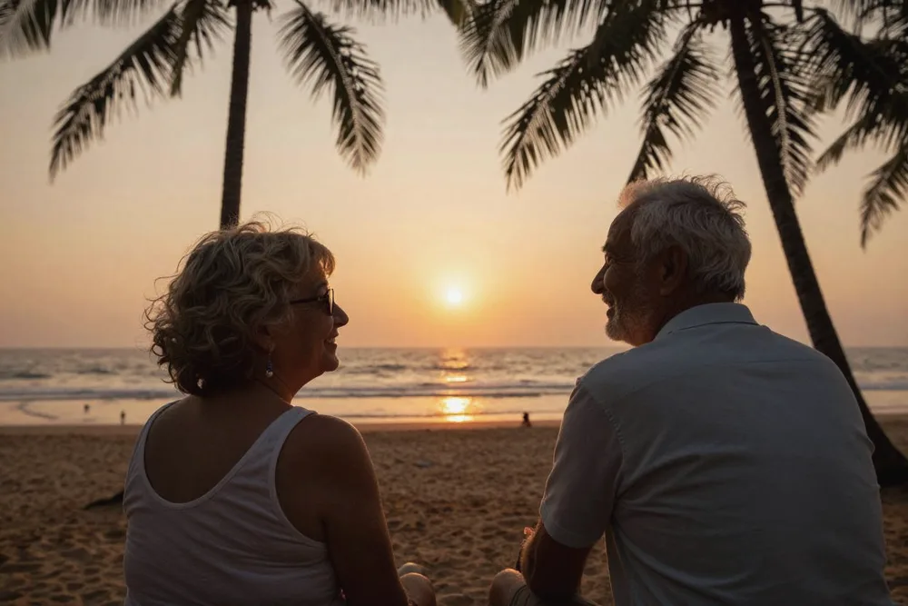 Zwei Menschen genießen den Sonnenuntergang am Meer unter Palmen