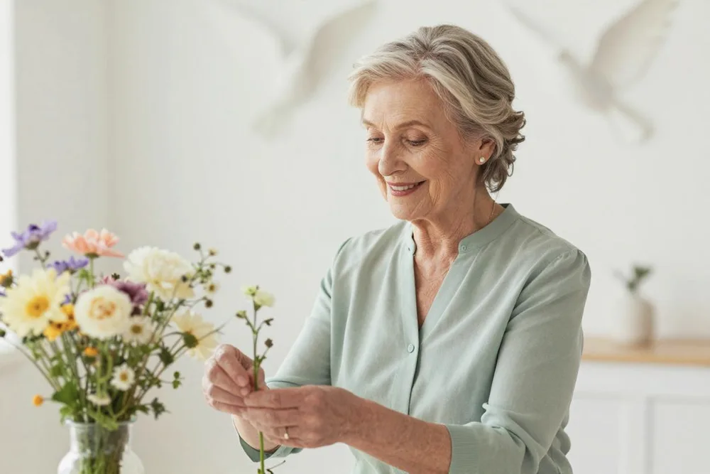 Ältere Dame arrangiert Wildblumen in friedlicher Stimmung